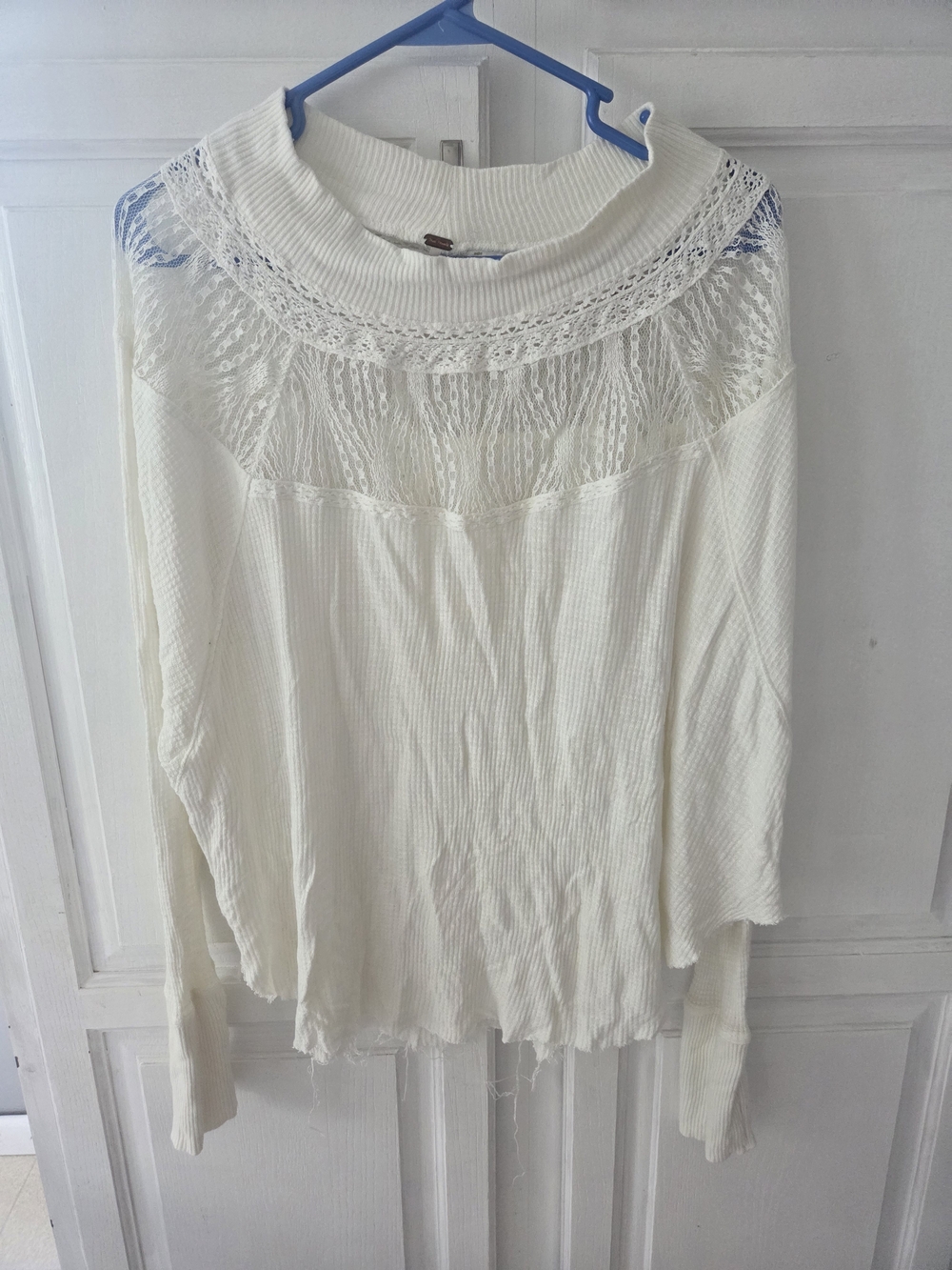 Free People Ivory Lace Yoke Ribbed Long-Sleeve Top